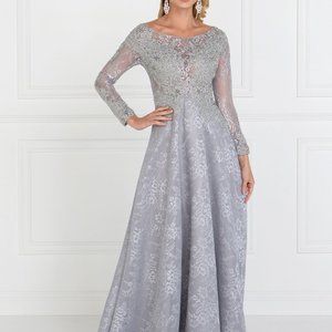 Elizabeth K Silver Long Sleeve Lace A-Line Long Dress (Small)